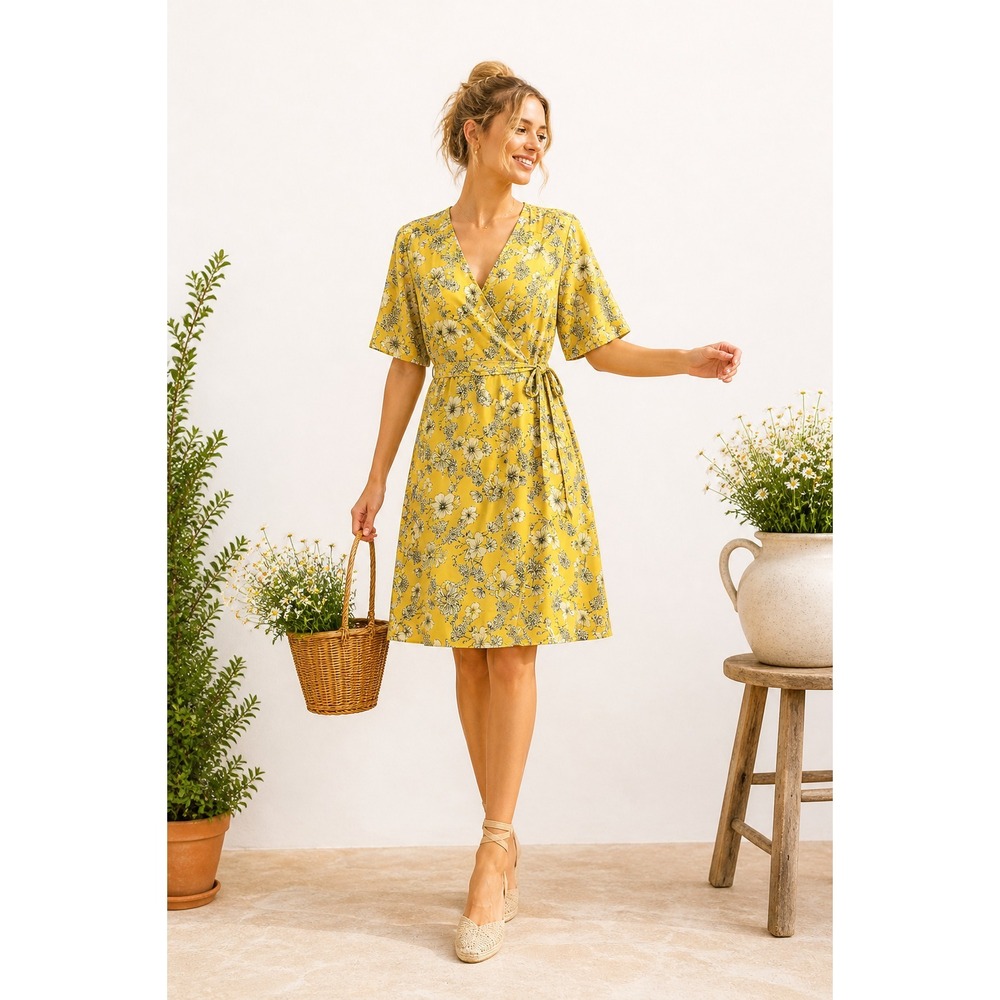 Torrid Dress 10 Yellow Floral Flutter Sleeve Faux Wrap Cottagecore Garden Party